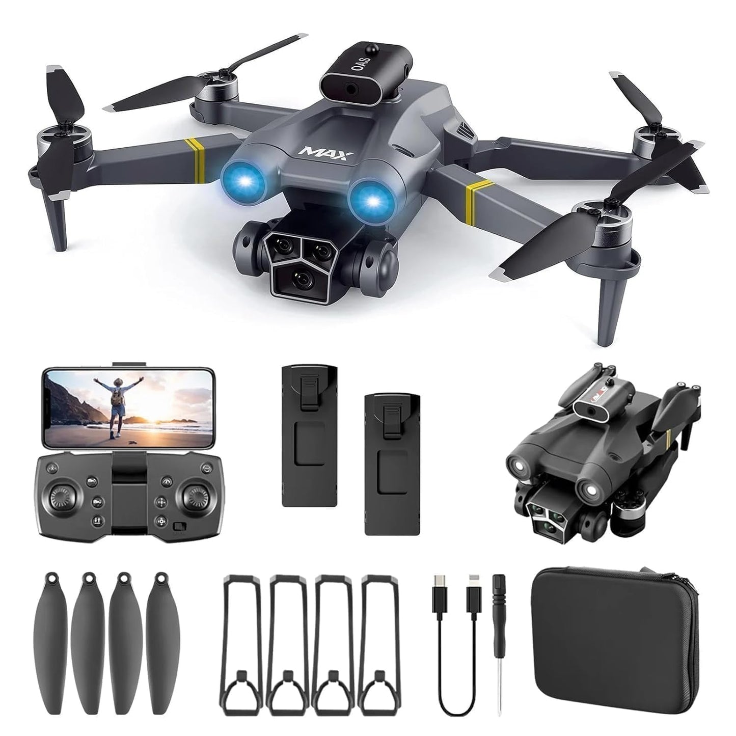Drone with Dual 4K Camera for Adults | WiFi FPV RC Quadcopter with 2 Batteries | Live Video, Altitude Hold, 360° Flip, Headless Mode, One Key Takeoff & Carry Case for Kids and Adults. A3
